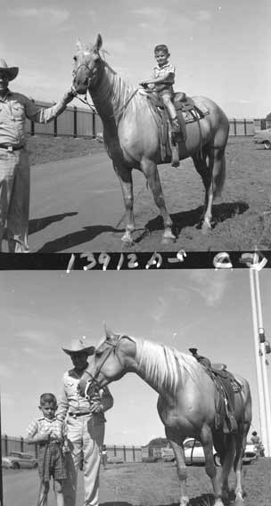 Boy on horse and boy standing with adult by horse.