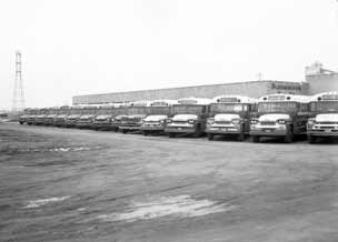 A line of buses in front of the school.