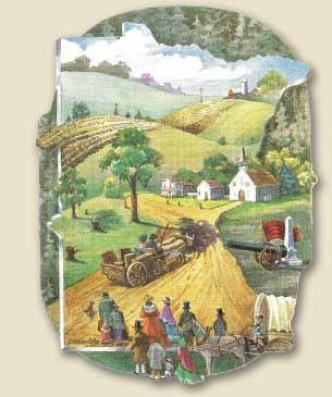 Panel 3 depicts farming pioneers, a farmstead and threshing in a field.
