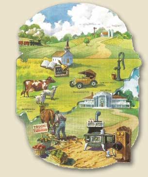 Panel 4 depicts miscellaneous activities such as gathering produce for market, model Ts and mansions.