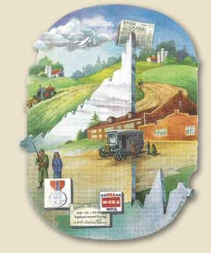 Panel 5 depicts wars, schools, farming and the stock market crash.