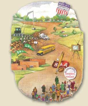 Panel 6 depicts the start of community organizations such as the Bloomington Chamber of Commerce and the Bloomington Athletic Association.