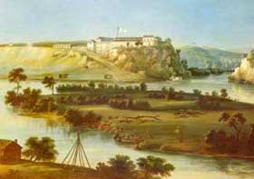 Fort above a river with tipts in foreground.